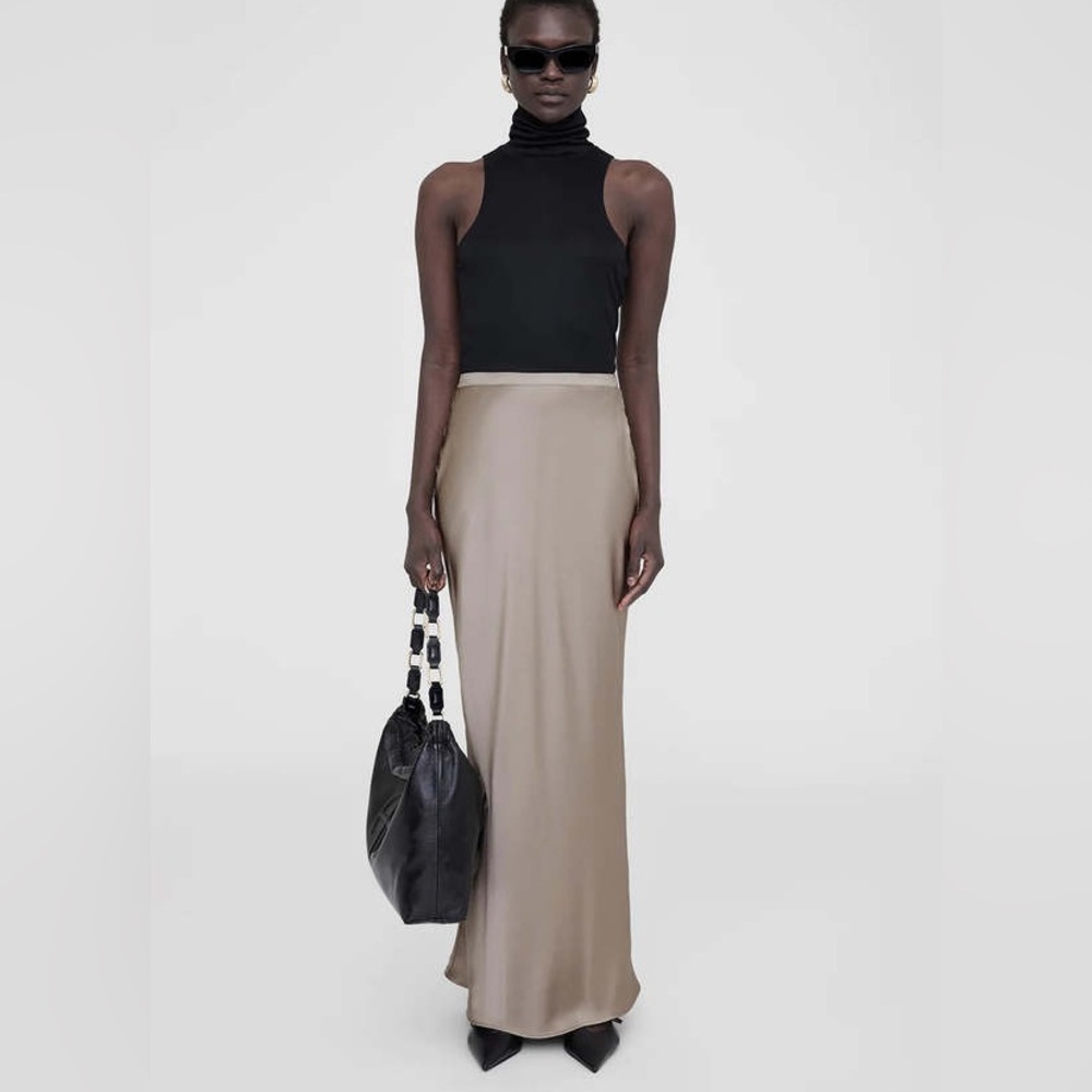 Anine Bing Bar Silk Maxi Skirt Taupe Large $400